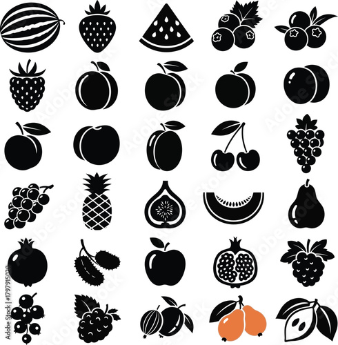 Black Silhouette Icons of 25 Fruits and Berries with Two Orange Pears Keywords: watermelon, strawberry, watermelon slice