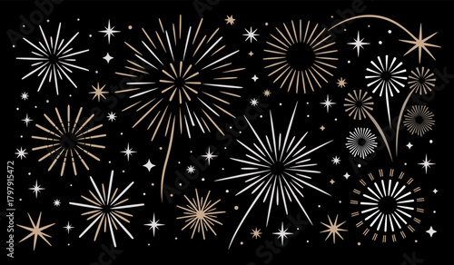 Festive fireworks and starbursts on a dark background