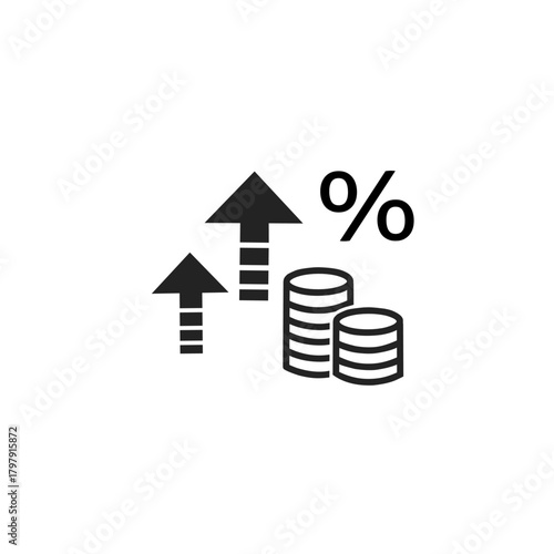 Interest Rate Growth Icon with Up Arrows and Coins.  Financial Increase and Percentage Icon Illustration. Profit Growth Symbol with Coins and Rising Arrows
