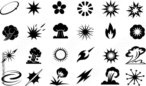 Set of black explosion and burst icons on white background