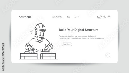 Construction worker building wall with bricks for digital structure website