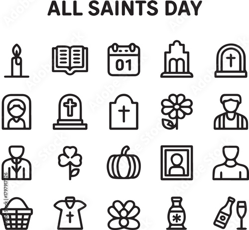 All Saints Day icons candle book calendar tombstone flower people pumpkin portrait holiday