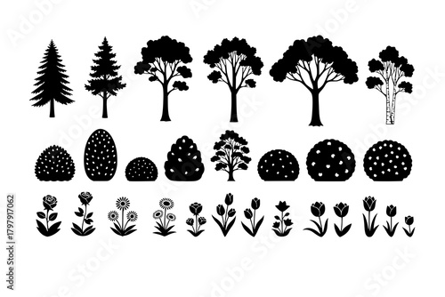 vector set of trees shrubberies flowers, silhouettes
