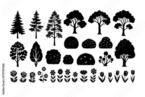 vector set of trees shrubberies flowers, silhouettes
