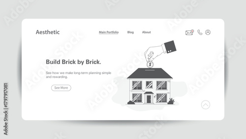 Hand placing coin into house illustration for financial planning website finance investment