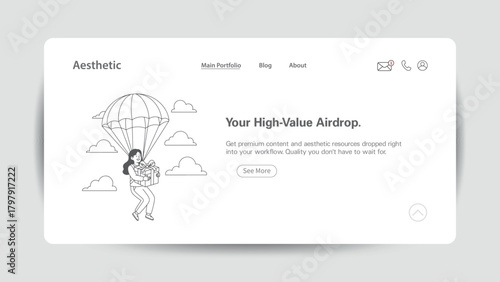 Woman descending with parachute and gift box symbolizing airdrop delivery vector illustration