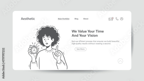 Woman holding alarm clock pointing finger at time management concept illustration Keywords: time