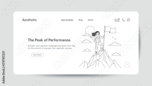 Woman on mountain peak planting flag symbolizing success and achievement summit