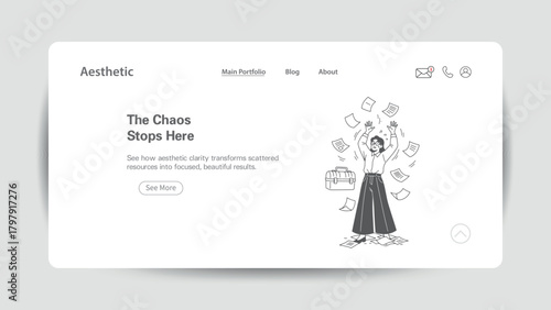 Woman overwhelmed by flying papers and briefcase chaos stops here concept Keywords: chaos