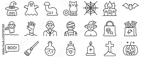 Spooky and fun Halloween outline icons with classic characters and haunted elements create a playfully eerie scene for festive designs and creative projects