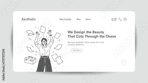 Woman stressed by flying papers designing beauty through chaos concept Keywords: woman, stressed