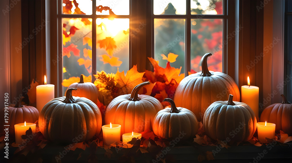 Obraz premium jack o lantern halloween pumpkin on an autumn harvest background 