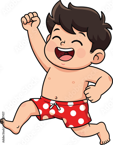 Joyful cartoon boy in red polka dot swim shorts running happily, cute energetic child summer character illustration