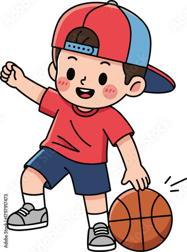 Smiling boy dribbling basketball, playful cartoon child in backward cap, red shirt and shorts, fun sports illustration