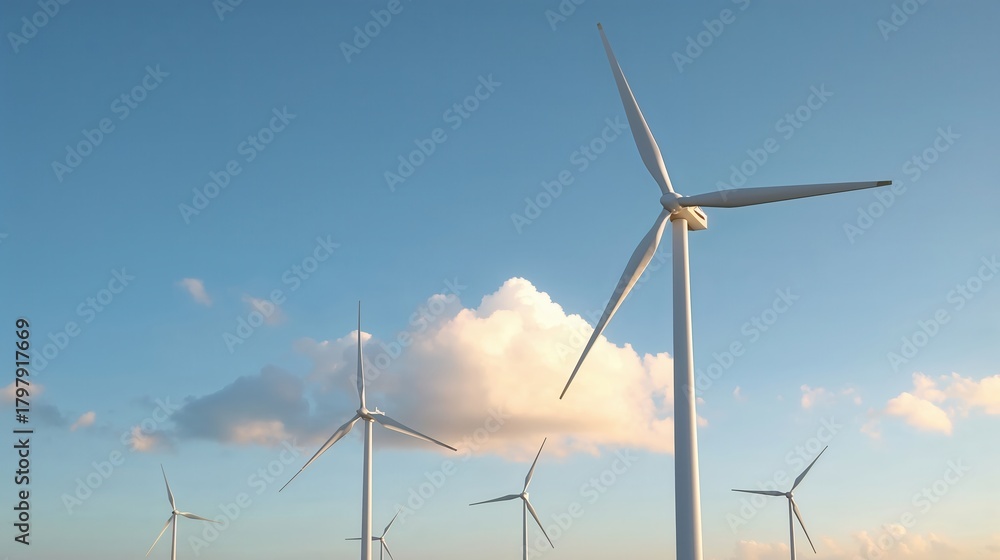 Fototapeta premium A panoramic view showcasing wind turbines silhouetted against a sky adorned with soft clouds.