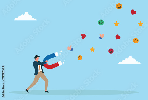 Vector illustration of a businessman using a giant magnet to attract emotions and feedback, symbolizing audience engagement, customer response, and effective communication strategies

