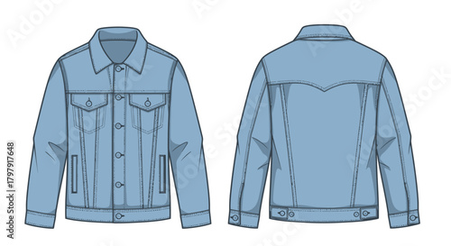 Classic light blue denim jacket front and back views for fashion design