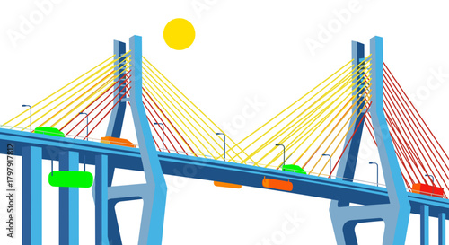 Cable-stayed highway bridge with colorful cables and sun above  