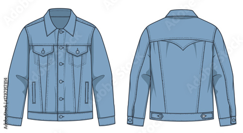 Classic light blue denim jacket vector illustration, front back
