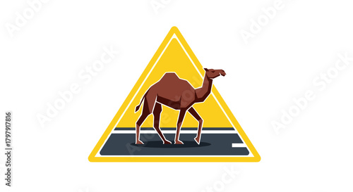 Camel crossing warning sign in yellow with road background  