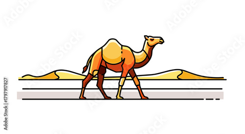 Camel crossing desert road in vibrant colors against sand background  