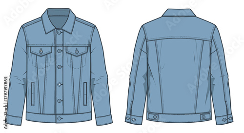 Light blue denim jacket technical flat sketch front back view