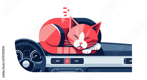 Cat sleeping on dashboard of car in vibrant illustration style  
