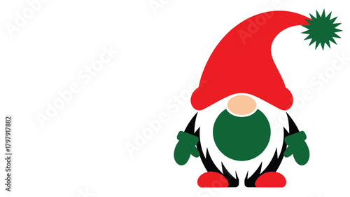 A charming christmas gnome with a red pointed hat and green pom pom standing with a white beard and red shoes silhouette
