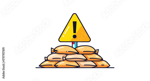 Caution sign with sandbags in warning position on white background  