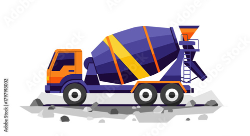 Concrete mixer on gravel lot in colorful flat design style  
