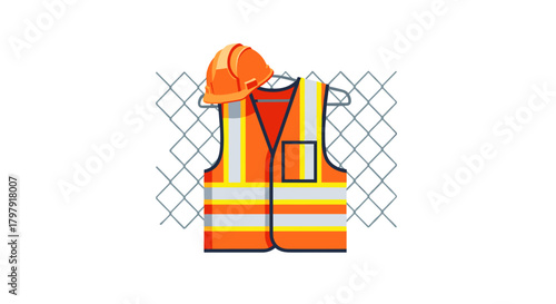 Construction vest and helmet hanging on fence background  