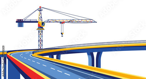 Construction crane near overpass in colorful urban environment  