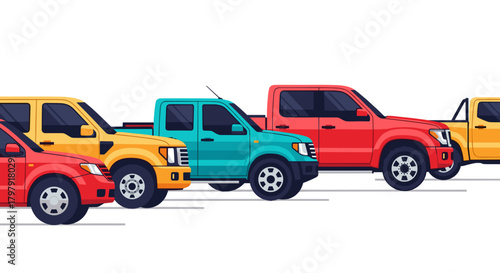 Convoy of utility trucks in various colors and styles  