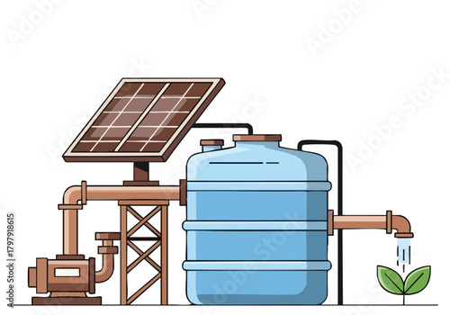 clean modern illustration depicts a solar-powered water system delivering water to a plant  Bright colors and a clear composition make it ideal for sustainability and eco-friendly themes
