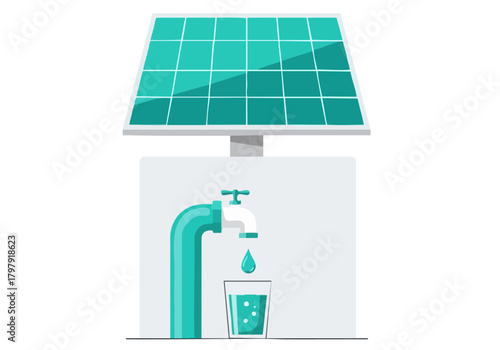 A clean, modern illustration depicts a solar-powered water system with a tap dispensing water into a glass. It showcases sustainable water solutions with a bright, teal aesthetic.