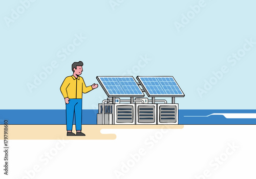A man inspects a solar panel array, showcasing renewable energy. Clean, modern illustration with a bright, blue sky backdrop. Ideal for sustainability and technology concepts.