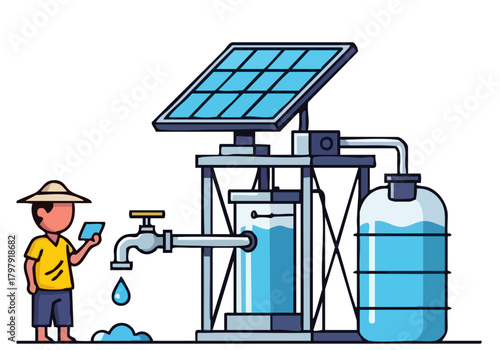 A young man monitors a solar-powered water system with a smartphone. Illustrative, clean design showcasing sustainable water solutions. Ideal for environmental or technology concepts.