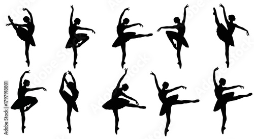 Graceful ballet dancer silhouettes, diverse elegant classical poses