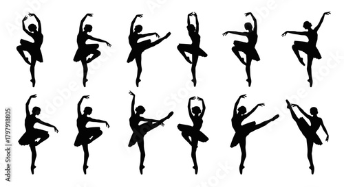 Elegant ballet dancer silhouettes performing various graceful poses.