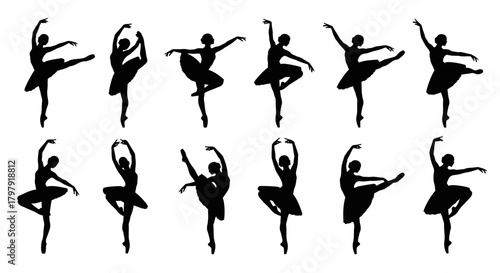 Elegant ballet dancer silhouettes performing various dance poses