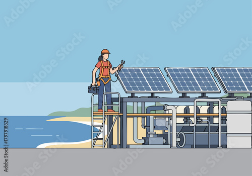 A solar panel technician maintains a solar power plant overlooking the ocean. Bright, clean, and professional. Ideal for renewable energy visuals.