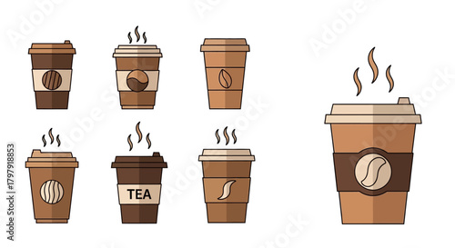 Collection of hot coffee and tea disposable cups flat design