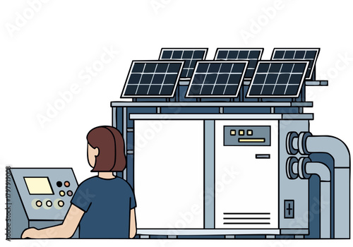 technician monitors a solar-powered water chiller system at night The illustration showcases a modern industrial setup with a control panel and cooling equipment Clean lines and a dark background