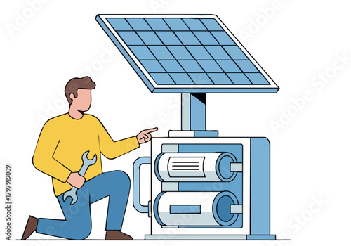 A technician repairs a battery system with solar panels. Clean, modern illustration. Focus on maintenance and renewable energy.