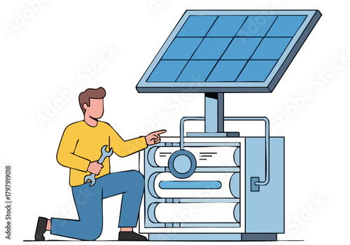A technician troubleshoots a desalination unit with a wrench. Modern illustration, clean design, blue and white tones. Suitable for technology, sustainability, and engineering concepts.