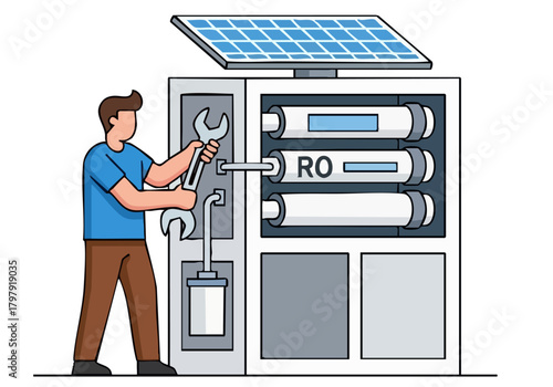 A technician troubleshoots a reverse osmosis (RO) system with solar panels. Clean, modern illustration. Ideal for sustainability and technology concepts.