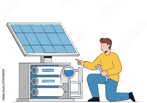 A technician troubleshoots a solar panel system. He?s kneeling, using a wrench, and pointing. Modern illustration style.