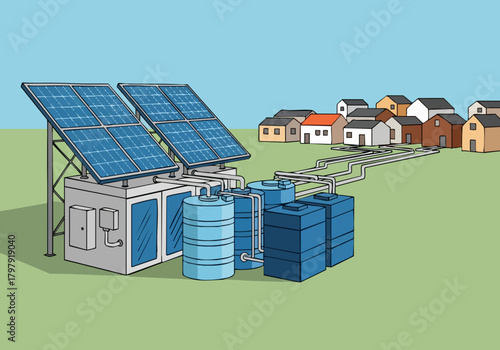 vibrant illustration depicts a solar-powered water system supplying a residential area Solar panels water tanks and pipes are clearly shown conveying sustainability and modern infrastructure