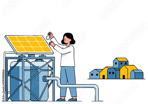A woman adjusts solar panels, connecting a water tank to a rural home. Illustrative style, promoting sustainable energy access. Clean, modern design.