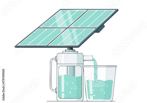 A vibrant illustration showcases solar panels powering a desalination device, producing clean drinking water. Modern, sustainable design. Ideal for environmental and tech concepts.